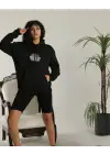 SBRD- Kadın Oversize Kapüşonlu Cepli Baskılı 3 İplik Pamuklu Hoodie Sweatshirt - Siyah
