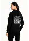 SBRD- Kadın Oversize Kapüşonlu Cepli Baskılı 3 İplik Pamuklu Hoodie Sweatshirt - Siyah
