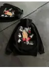 SBRD- Kadın Oversize Kapüşonlu Cepli Baskılı 3 İplik Pamuklu Hoodie Sweatshirt - Siyah