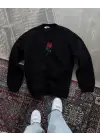 SBRD- Kadın Oversize Kapüşonlu Cepli Gül Baskılı 3 İplik Pamuklu Hoodie Sweatshirt - Siyah