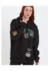 SBRD- Kadın Oversize Kapüşonlu Cepli Ön Kol Baskılı 3 İplik Pamuklu Hoodie Sweatshirt - Siyah