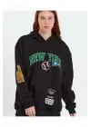 SBRD- Kadın Oversize Kapüşonlu Cepli Ön Kol Baskılı 3 İplik Pamuklu Hoodie Sweatshirt - Siyah