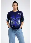 SBRD- Kadın Oversize Tişört Dragon & Kuru Kafa Baskılı Bisiklet Yaka T-shirt - Lacivert