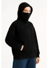 SBRD- Kadın Samuray Ninja Çift Kapüşonlu Maske Detaylı 3 İplik Hoodie - Siyah