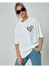 SBRD- Kadın Tişört Bisiklet Yaka Baskılı Oversize T-shirt - Beyaz