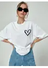 SBRD- Kadın Tişört Bisiklet Yaka Baskılı Oversize T-shirt - Beyaz