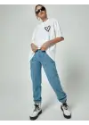 SBRD- Kadın Tişört Bisiklet Yaka Baskılı Oversize T-shirt - Beyaz