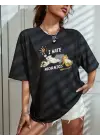 SBRD- Kadın Tişört Bisiklet Yaka Baskılı Oversize T-shirt - Siyah