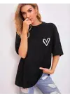 SBRD- Kadın Tişört Bisiklet Yaka Baskılı Oversize T-shirt - Siyah