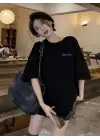 SBRD- Kadın Tişört Newtro Baskılı Oversize Bisiklet Yaka T-shirt - Siyah