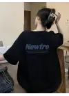 SBRD- Kadın Tişört Newtro Baskılı Oversize Bisiklet Yaka T-shirt - Siyah