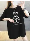 SBRD- Kadın Tişört Penye Compack Baskılı Oversize Bisiklet Yaka T-shirt - Siyah
