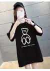 SBRD- Kadın Tişört Penye Compack Baskılı Oversize Bisiklet Yaka T-shirt - Siyah