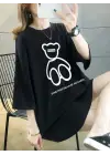 SBRD- Kadın Tişört Penye Compack Baskılı Oversize Bisiklet Yaka T-shirt - Siyah