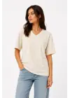 SBRD- Kadın V Yaka Basic Tişört Kısa Kol Yazlık Regular Fit T-shirt - Bej