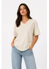 SBRD- Kadın V Yaka Basic Tişört Kısa Kol Yazlık Regular Fit T-shirt - Bej