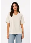 SBRD- Kadın V Yaka Basic Tişört Kısa Kol Yazlık Regular Fit T-shirt - Bej