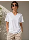 SBRD- Kadın V Yaka Basic Tişört Kısa Kol Yazlık Regular Fit T-shirt - Beyaz