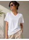 SBRD- Kadın V Yaka Basic Tişört Kısa Kol Yazlık Regular Fit T-shirt - Beyaz