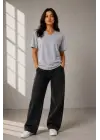 SBRD- Kadın V Yaka Basic Tişört Kısa Kol Yazlık Regular Fit T-shirt - Gri