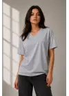 SBRD- Kadın V Yaka Basic Tişört Kısa Kol Yazlık Regular Fit T-shirt - Gri
