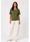 SBRD- Kadın V Yaka Basic Tişört Kısa Kol Yazlık Regular Fit T-shirt - Haki