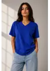 SBRD- Kadın V Yaka Basic Tişört Kısa Kol Yazlık Regular Fit T-shirt - Saks Mavisi