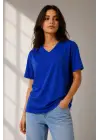 SBRD- Kadın V Yaka Basic Tişört Kısa Kol Yazlık Regular Fit T-shirt - Saks Mavisi