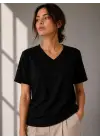 SBRD- Kadın V Yaka Basic Tişört Kısa Kol Yazlık Regular Fit T-shirt - Siyah