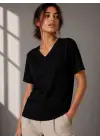 SBRD- Kadın V Yaka Basic Tişört Kısa Kol Yazlık Regular Fit T-shirt - Siyah