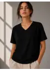 SBRD- Kadın V Yaka Basic Tişört Kısa Kol Yazlık Regular Fit T-shirt - Siyah