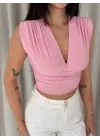 SBRD- Kadın Vatkalı Kolsuz V Yaka Drapeli Crop Bluz Likralı Fit - Pembe