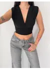 SBRD- Kadın Vatkalı Kolsuz V Yaka Drapeli Crop Bluz Likralı Fit - Siyah