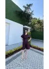 SBRD- Kadın Yakalı Gömlek Kemerli Şortlu Alt-üst Takım - Bordo