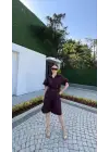 SBRD- Kadın Yakalı Gömlek Kemerli Şortlu Alt-üst Takım - Bordo