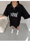 SBRD- Kadın Yarım Fermuarlı Tişört Baskılı T-shirt - Siyah