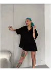 SBRD- Kadın Yarım Fermuarlı Tişört Düz Oversize T-shirt - Siyah
