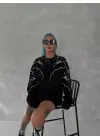 SBRD- Kadın Yıldırım Baskılı Bisiklet Yaka 3 İplik Pamuklu Sweatshirt - Siyah