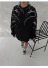 SBRD- Kadın Yıldırım Baskılı Bisiklet Yaka 3 İplik Pamuklu Sweatshirt - Siyah