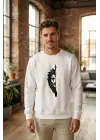 SBRD- Sevgililer Günü Özel Bisiklet Yaka Aslan Baskılı Oversize Sweatshirt - Beyaz