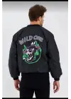 SBRD- Wild One Baskılı Erkek Bomber Mont – Panter Desenli, Fermuarlı, Kapitone Astarlı Ceket - Siyah