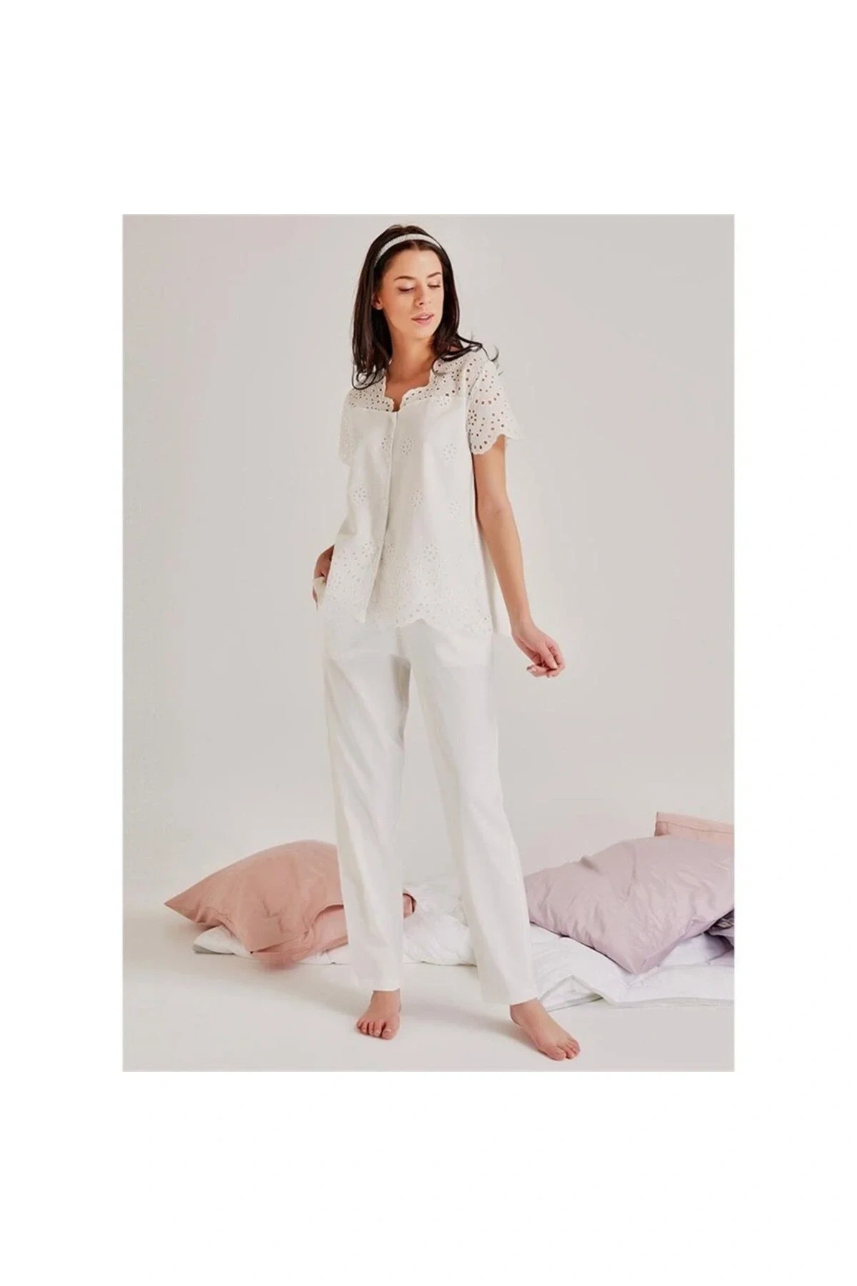 19108 Kendinden Brode Desenli Pijama Takım - Ekru