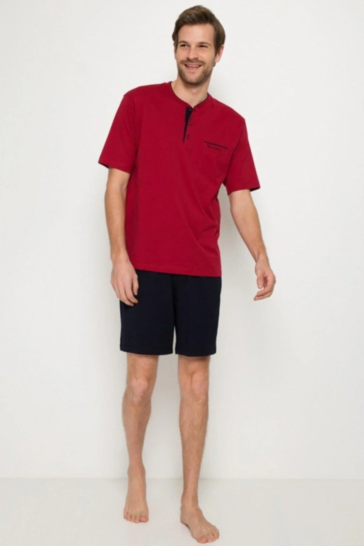 5370 Pijama Şort 3 Lü Damat Çeyiz Seti - Bordo