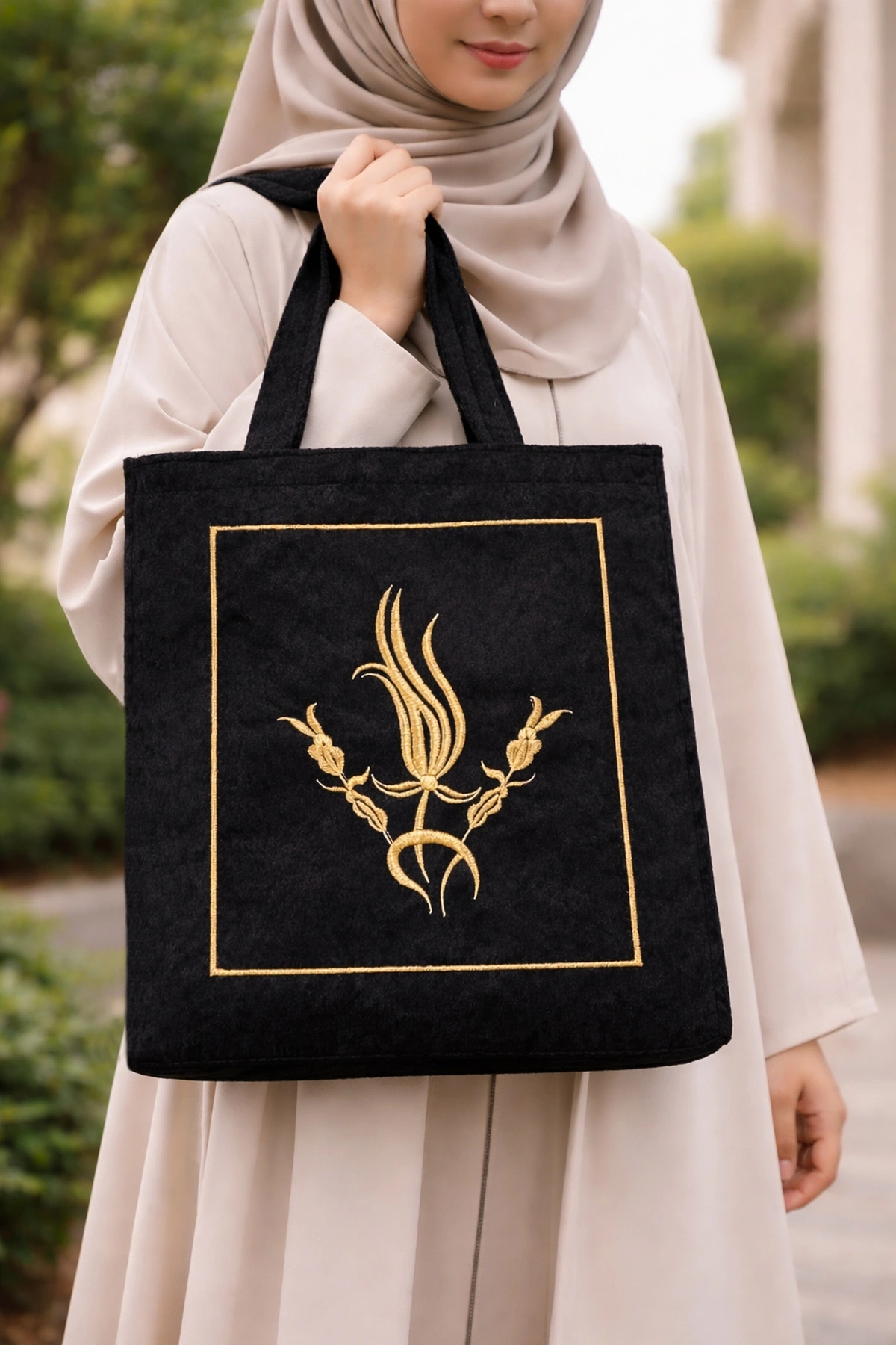 Nakışlı Kadife Seccade Kuran Terlik Çantası Çeyizlik İbadet Çantası Gold Siyah