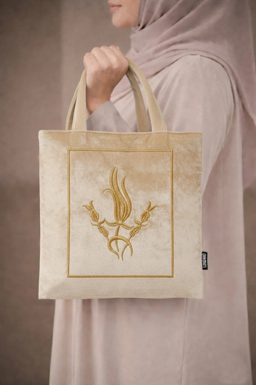 Nakışlı Kadife Kuran Çantası Kuran Çantası Çeyizlik Seccade Çantası Gold Cappucino