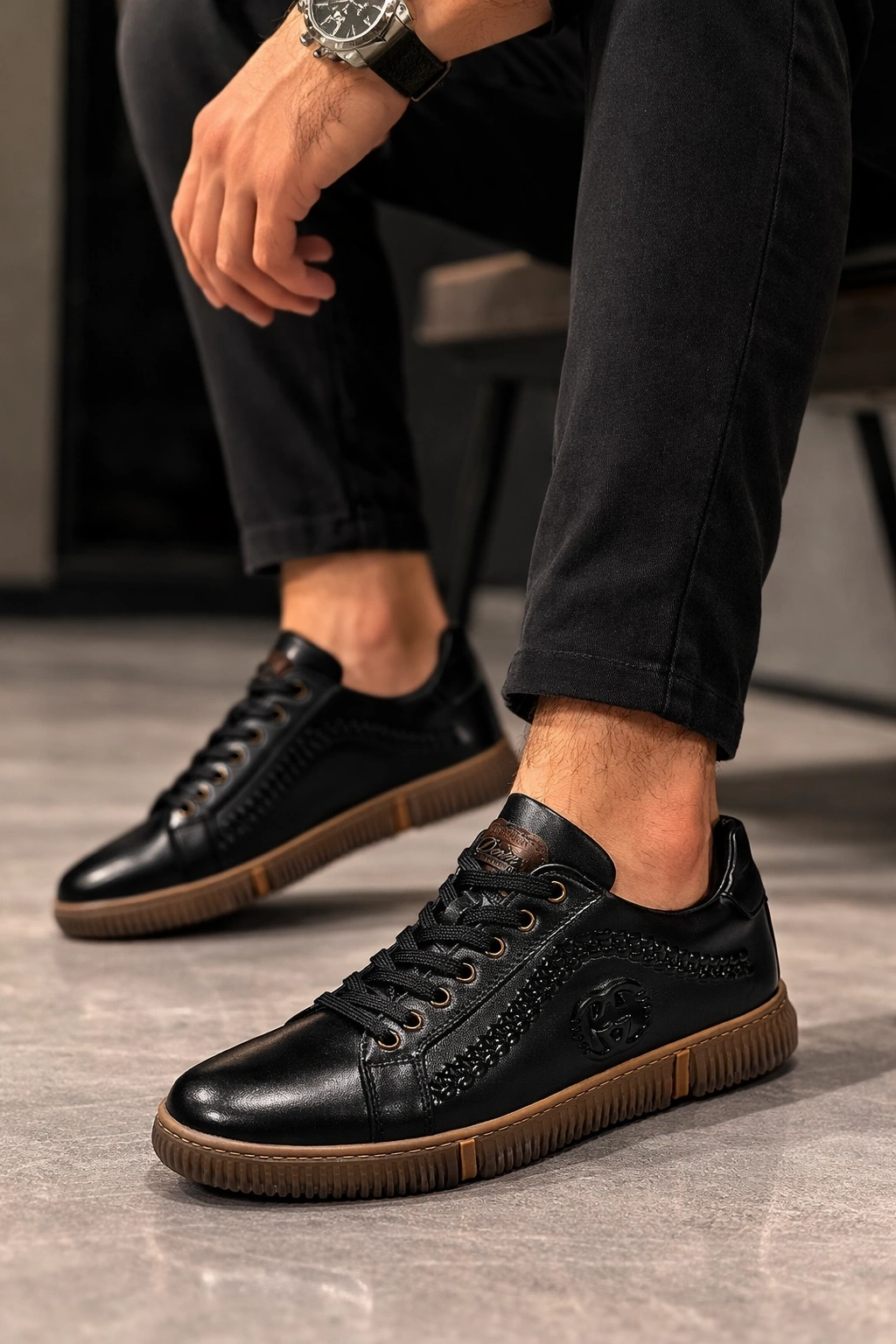 Hakiki Deri Ayakkabı Erkek Sneaker Konforlu Kaymaz Silikon Taban Siyah