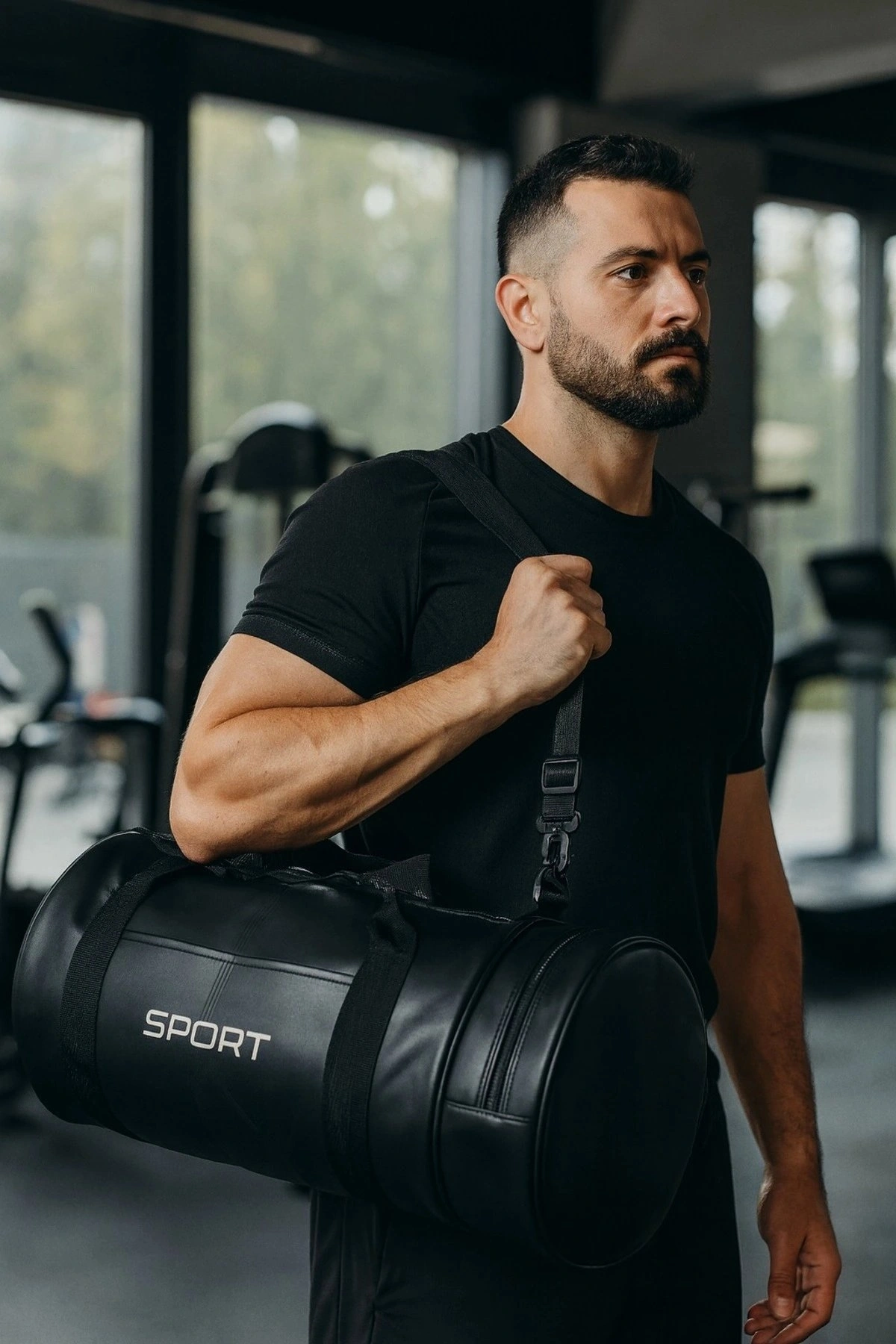 Suni Deri Unisex Askılı Silindir Spor Çantası Fitness Çantası