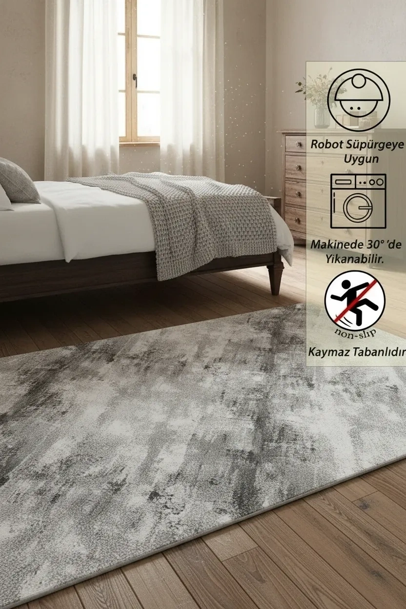 Yolluk Gri Çizgi Desen Kaymaz Taban Peluş