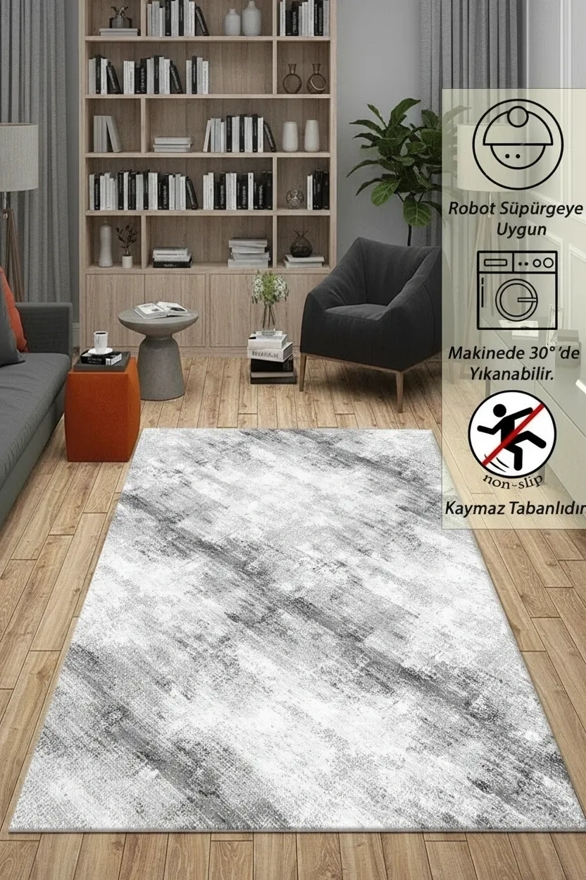 Yolluk Gri Çizgi Desen Kaymaz Taban Peluş