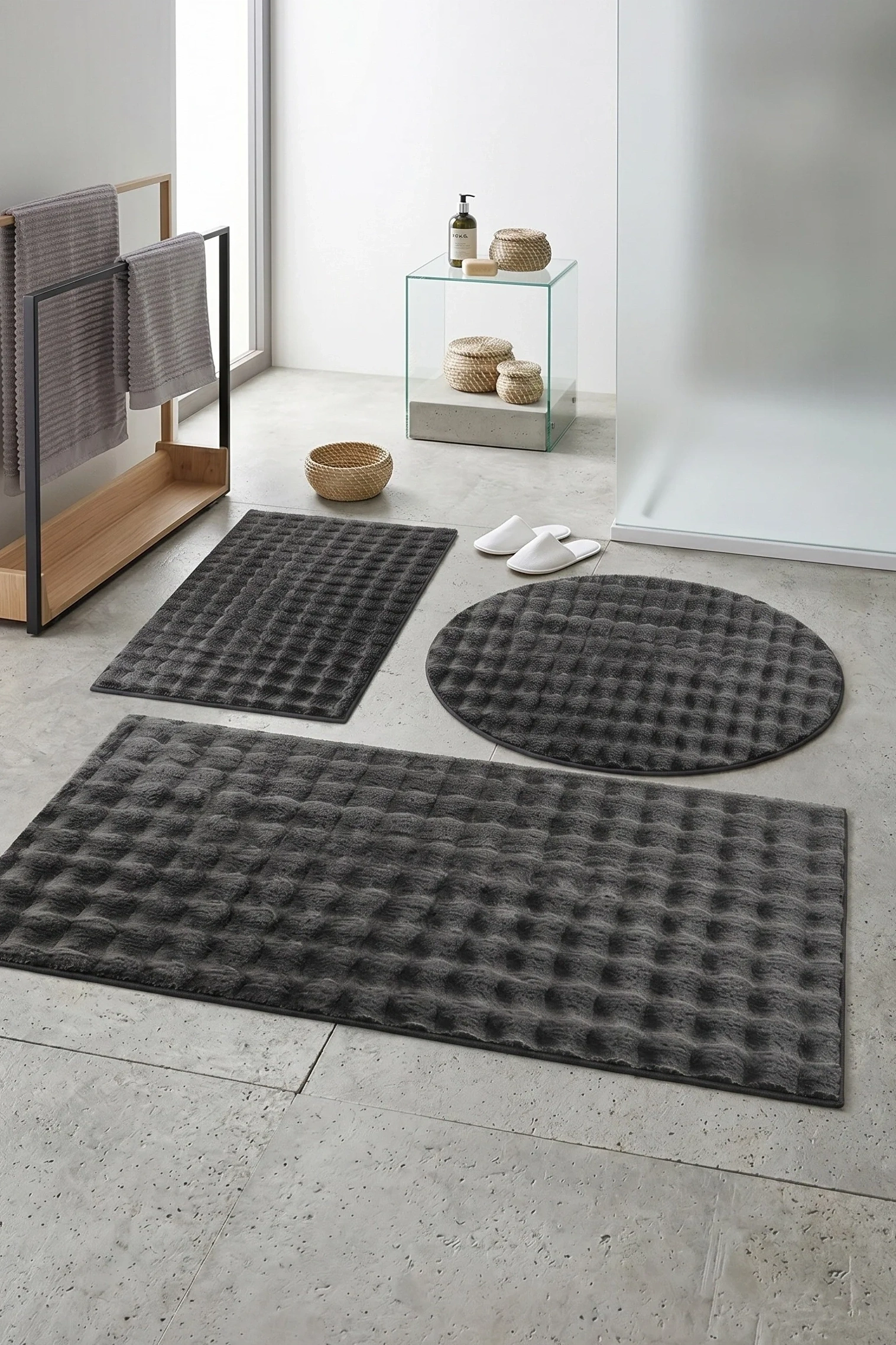 Banyo Paspası Koyu Gri Gri Kaymaz Taban Peluş Bubble 50X50 cm